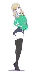 Rule 34 | 1girl, ass, black thighhighs, blonde hair, blue eyes, buruma, female focus, flat color, full body, hands in pockets, highres, jacket, long hair, looking at viewer, natuich, no shoes, original, simple background, solo, thighhighs, tiptoes, track jacket, white background