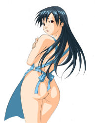 Rule 34 | 1girl, akane (fukuoka katsumi), apron, ass, black hair, fukuoka katsumi, long hair, looking back, naked apron, original, red eyes, solo