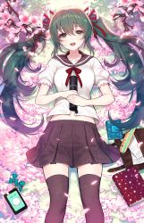 Rule 34 | 1girl, :d, bag, black sailor collar, black skirt, black thighhighs, blush, book, cellphone, charm (object), cherry blossoms, feet out of frame, from above, graduated cylinder, green eyes, green hair, hatsune miku, highres, holding, kyundoo, long hair, lying, miniskirt, on back, open mouth, paper, pencil case, petals, phone, pleated skirt, puffy short sleeves, puffy sleeves, red ribbon, ribbon, sailor collar, school bag, school uniform, serafuku, shirt, short sleeves, sidelocks, skirt, smartphone, smile, solo, spring (season), thighhighs, twintails, very long hair, vocaloid, white shirt, zettai ryouiki
