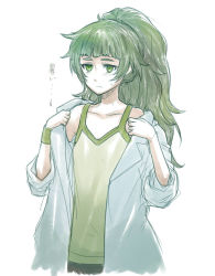 Rule 34 | 1girl, blunt bangs, flat chest, green eyes, green hair, hiyajou maho, lab coat, long hair, menomorute, ponytail, removing coat, simple background, sketch, sleeves rolled up, solo, spoken sweatdrop, steins;gate, steins;gate 0, sweat, sweatdrop, tank top, thick eyebrows, undressing, upper body, white background, wristband