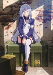Rule 34 | 1girl, 86 -eightysix-, absurdres, ammunition box, antenna hair, artist request, blue eyes, brick wall, bullet hole, closed mouth, full body, garter straps, high collar, highres, hugging own legs, knee to chest, knee up, long hair, looking at viewer, military, military uniform, official art, sitting, smile, solo, thighhighs, uniform, vladilena millize, wall, white hair, white thighhighs