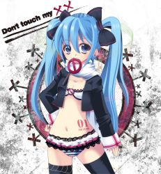 Rule 34 | 1girl, bad id, bad pixiv id, blue eyes, blue hair, bra, earrings, hair ribbon, hand on own hip, hatsune miku, hip focus, jacket, jewelry, kazahana, lace, lace-trimmed panties, lace trim, lingerie, long hair, matching hair/eyes, mouth hold, navel, no pants, panties, ribbon, scarf, solo, striped clothes, striped panties, tattoo, thighhighs, twintails, underwear, very long hair, vocaloid