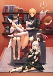 Rule 34 | 1boy, 3girls, absurdres, bare legs, bare shoulders, black bodysuit, black bow, black bowtie, black choker, black collar, black dress, black hair, black wrist cuffs, blonde hair, blue eyes, blue flower, blue hair, blue rose, bodysuit, book, bookshelf, bow, bowtie, bracelet, candlestand, choker, collar, colored inner hair, crinoline, detached collar, detached sleeves, dress, elbow gloves, flower, flower request, frilled choker, frills, gloves, green eyes, grey eyes, grey hair, hairband, hat, highres, holding, holding another&#039;s leg, holding flower, jewelry, lee: hyperreal (punishing: gray raven), lee (punishing: gray raven), liv: empyrea (dreamcatcher) (punishing: gray raven), liv: empyrea (punishing: gray raven), liv (punishing: gray raven), long hair, long sleeves, lucia: plume (punishing: gray raven), lucia (punishing: gray raven), medium hair, military hat, multicolored hair, multiple girls, over-kneehighs, parted bangs, phonograph, puffy sleeves, punishing: gray raven, red dress, red eyes, red frills, red hair, red hairband, red ribbon, ribbon, rose, sandals, selena: tempest (aria of nymph) (punishing: gray raven), selena (punishing: gray raven), short hair, short sleeves, sidelocks, skaven gongcheng shushi, stuffed toy, thighhighs, tiara, two-tone bodysuit, white bodysuit, white dress, white gloves, white hair, white sleeves, white thighhighs, wing hair ornament