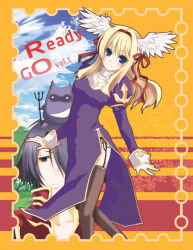 Rule 34 | 1boy, 1girl, black hair, blonde hair, blue eyes, blue sky, blush, breasts, brown thighhighs, closed mouth, cloud, coat, commentary request, cover, cover page, cross, cross necklace, deviruchi, doujin cover, dress, feathered wings, feet out of frame, forest, frown, garter straps, habit, hair between eyes, hair over one eye, hair ribbon, hairband, head wings, jewelry, juliet sleeves, kirika (nutsmoon), long bangs, long hair, long sleeves, looking at viewer, medium bangs, medium breasts, nature, necklace, orange background, pitchfork, priest (ragnarok online), puffy sleeves, purple dress, purple eyes, ragnarok online, red coat, red hairband, red ribbon, ribbon, short hair, sky, smile, thighhighs, tree, white wings, wings