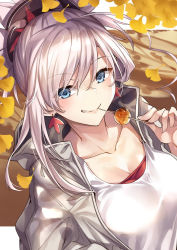 Rule 34 | 1girl, blue eyes, blush, breasts, cleavage, collarbone, day, earrings, fate/grand order, fate (series), food, grin, hair ornament, holding, holding food, hood, hood down, hooded jacket, jacket, jewelry, ks (xephyrks), large breasts, long hair, looking at viewer, miyamoto musashi (fate), open clothes, open jacket, outdoors, pink hair, ponytail, shirt, smile, solo, upper body, white jacket, white shirt