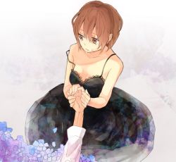 Rule 34 | 10s, 1girl, artist request, bad id, bad pixiv id, bare arms, bare shoulders, black dress, breasts, brown eyes, brown hair, cleavage, collarbone, crying, crying with eyes open, dress, flower, hair between eyes, hand grab, lace, lace-trimmed dress, lace trim, long sleeves, mawaru penguindrum, medium breasts, off shoulder, oginome ringo, parted lips, short hair, sleeveless, sleeveless dress, solo focus, spaghetti strap, strap slip, tears