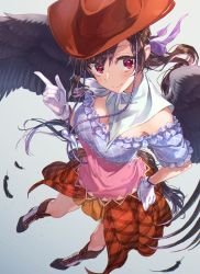 Rule 34 | 1girl, akizuki haruhi, bandana, bare shoulders, black hair, black wings, blue shirt, boots, breasts, brown footwear, brown hat, brown skirt, closed mouth, cowboy boots, cowboy hat, feathered wings, feathers, full body, gloves, gradient background, hair ribbon, hand on own hip, hat, horse tail, kurokoma saki, long hair, medium breasts, multicolored clothes, off-shoulder shirt, off shoulder, perspective, pink shirt, pointing, ponytail, purple ribbon, red eyes, ribbon, shirt, skirt, smile, solo, tail, touhou, white gloves, wings
