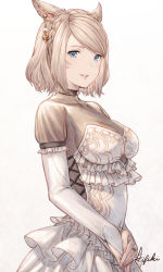 Rule 34 | 1girl, animal ears, warrior of light (ff14), blonde hair, breasts, bridal gauntlets, cat ears, commission, cowboy shot, earrings, facial mark, final fantasy, final fantasy xiv, from side, highres, ivris, jewelry, medium breasts, miqo&#039;te, short hair, skeb commission, solo, swept bangs, whisker markings, white background