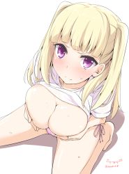Rule 34 | 1girl, barefoot, bikini, bikini bottom only, blonde hair, blush, breast hold, breasts, clothes lift, female focus, from above, kichihachi, kneeling, large breasts, long hair, looking at viewer, purple eyes, shadow, shirt, shirt lift, side-tie bikini bottom, solo, sweat, swimsuit, tokyo 7th sisters, two side up, uesugi u. kyouko, white shirt