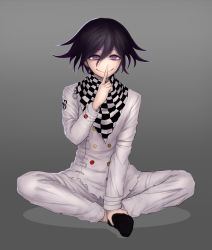 Rule 34 | 10s, 1boy, ahoge, black hair, buttons, checkered clothes, checkered scarf, danganronpa (series), danganronpa v3: killing harmony, finger to mouth, full body, grey background, highres, indian style, crossed legs, male focus, marimokkori, oma kokichi, purple eyes, scarf, short hair, simple background, sitting, smile, solo, straitjacket