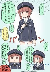 Rule 34 | 1girl, black neckerchief, blue dress, blue headwear, blue sailor collar, brown eyes, brown hair, clothes writing, commentary request, dress, hat, kakincho, kantai collection, multiple views, neckerchief, sailor bikini, sailor collar, sailor dress, sailor hat, short hair, translation request, upper body, z3 max schultz (kancolle)