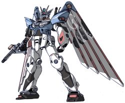 Rule 34 | blue eyes, fusion, gun, gundam, gundam wing, highres, holding, holding gun, holding weapon, honda, k16 (r area2019), mecha, mechanical wings, mobile suit, no humans, robot, science fiction, standing, v-fin, weapon, white background, wing gundam, wings
