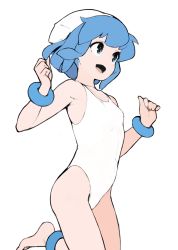 Rule 34 | 1girl, :d, absurdres, ataruman, bare shoulders, barefoot, blue eyes, blue hair, breasts, commentary, english commentary, hat, highres, ikamusume, looking away, one-piece swimsuit, open mouth, shinryaku! ikamusume, simple background, sketch, small breasts, smile, solo, swimsuit, white background, white one-piece swimsuit