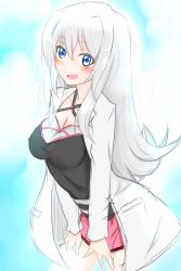 Rule 34 | 1girl, :d, artist request, bare legs, blue eyes, blush, breasts, cleavage, criss-cross halter, female focus, gradient background, hair between eyes, halterneck, happy, highres, lab coat, large breasts, legs, long hair, long sleeves, looking at viewer, neck, open mouth, ore twintail ni narimasu, pink skirt, silver hair, skirt, smile, solo, twoearle, very long hair