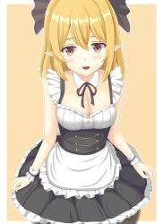 Rule 34 | 1girl, alternate costume, apron, black bow, black hair, blonde hair, blush, border, bow, breasts, cleavage, collarbone, commentary request, crossed bangs, detached collar, dress, frills, hair bow, highres, holding another&#039;s wrist, kurodani yamame, long hair, looking at viewer, maid, medium breasts, miso inpakuto, neck ribbon, open mouth, outline, outside border, paid reward available, pointy ears, ribbon, simple background, smile, solo, touhou, waist apron, white border, white outline, wrist cuffs, yellow background
