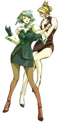 Rule 34 | 2girls, ace attorney, adrian andrews, ascot, bare shoulders, blonde hair, blue hair, blush, earrings, franziska von karma, glasses, gloves, green hair, halterneck, high heels, highres, holding another&#039;s arm, holding own arm, jewelry, long hair, long legs, mole, mole under eye, mov, multiple girls, open mouth, pantyhose, phoenix wright: ace attorney - justice for all, skirt, sleeveless, sleeveless turtleneck, smile, turtleneck, wide hips, yuri