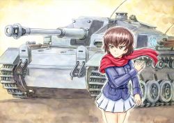 Rule 34 | 10s, 1girl, blue jacket, brown eyes, brown hair, caesar (girls und panzer), closed mouth, cowboy shot, emblem, girls und panzer, hippopotamus, jacket, long sleeves, looking to the side, military, military uniform, military vehicle, miniskirt, motor vehicle, omachi (slabco), pleated skirt, red scarf, scarf, short hair, skirt, smile, solo, standing, sturmgeschutz iii, tank, uniform, white skirt