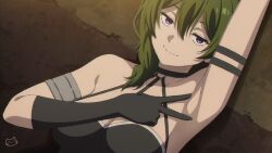 Rule 34 | 1girl, against wall, arm behind head, arm up, armlet, armpits, black choker, black dress, black gloves, breasts, choker, commentary, dress, english commentary, gloves, green hair, half-closed eyes, indoors, jitome, keihh, large breasts, long hair, looking at viewer, o-ring, o-ring choker, paid reward available, presenting armpit, seductive smile, side ponytail, single glove, smile, solo, sousou no frieren, ubel (sousou no frieren), upper body