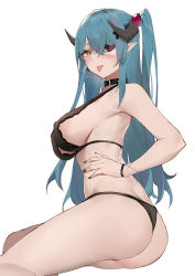 Rule 34 | 1girl, :p, absurdres, alios arvin, armpits, ass, bare shoulders, black bra, black nails, black panties, blue hair, blush, bra, breasts, collar, earrings, eyepatch, feet out of frame, from behind, hand on own hip, heart, highres, horns, invisible chair, jewelry, large breasts, long hair, looking at viewer, looking back, nail polish, nijisanji, one eye covered, one side up, original, panties, pointy ears, saliva, sideboob, sidelocks, simple background, single earring, sitting, solo, thighs, tongue, tongue out, underwear, underwear only, very long hair, virtual youtuber, virtuareal, white background, wristband, yellow eyes