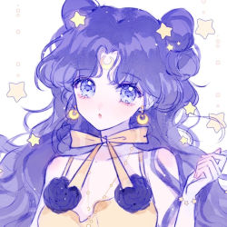 Rule 34 | 1girl, bishoujo senshi sailor moon, black hair, bow, bracelet, crescent, crescent earrings, crescent facial mark, earrings, facial mark, forehead mark, jewelry, long hair, looking at viewer, luna (sailor moon), luna (sailor moon) (human), misononeko, simple background, solo, upper body, wavy hair, white background
