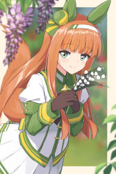 Rule 34 | 1girl, animal ears, black gloves, blurry, blurry background, blurry foreground, closed mouth, ear covers, flower, gloves, green eyes, hairband, hands up, highres, holding, holding flower, horse ears, horse girl, horse tail, jacket, juliet sleeves, lily of the valley, long sleeves, mikuru ism, orange hair, own hands together, pleated skirt, puffy sleeves, silence suzuka (umamusume), skirt, smile, solo, tail, umamusume, upper body, white jacket, white skirt, wisteria
