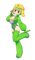 Rule 34 | 1girl, batrobin k, black eyes, blush, boots, breasts, full body, gloves, green footwear, green gloves, green hair, highres, kemono friends, keroro, keroro (kemono friends), keroro gunsou, large breasts, looking at viewer, open mouth, personification, short hair, simple background, smile, solo, thigh boots, v, white background