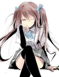 Rule 34 | 10s, 1girl, arm warmers, asagumo (kancolle), black thighhighs, brown hair, crossed legs, female focus, frown, hair ribbon, head rest, kantai collection, long hair, looking at viewer, nao (qqqbb), one eye closed, pleated skirt, red eyes, ribbon, school uniform, serafuku, sitting, sketch, skirt, solo, suspenders, thighhighs, twintails, white background