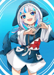 Rule 34 | 1girl, absurdres, animal hood, blue background, blue eyes, blue hair, blunt bangs, fins, fish tail, gawr gura, gawr gura (1st costume), grey hair, highres, hololive, hololive english, hood, hood up, hoodie, long hair, long sleeves, looking at viewer, multicolored clothes, multicolored hair, multicolored hoodie, open mouth, oversized clothes, sasai tuki, shark girl, shark hood, shark tail, sharp teeth, simple background, smile, solo, streaked hair, tail, teeth, virtual youtuber