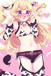 Rule 34 | 1girl, :d, animal ears, animal print, arm belt, arm warmers, bell, belt, bikini, bikini top only, black shorts, blonde hair, blush, bow, bowtie, breasts, clenched hands, cow ears, cow horns, cow print, cow tail, garter straps, hands up, heart, highres, horns, long hair, looking at viewer, marueri, midriff, navel, nose blush, open mouth, pretty series, print bikini, print bikini top, print thighhighs, pripara, purple eyes, short shorts, shorts, sidelocks, small breasts, smile, solo, star (symbol), swimsuit, tail, thighhighs, two side up, yumekawa yui