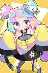 Rule 34 | 1girl, absurdres, bare shoulders, blue hair, boots, bow-shaped hair, breasts, collarbone, commentary request, creatures (company), game freak, grey footwear, grey pantyhose, grey shirt, grin, hands up, highres, iono (pokemon), jacket, long hair, long sleeves, looking at viewer, multicolored hair, nintendo, off shoulder, orange background, outline, pantyhose, pink hair, pokemon, pokemon sv, polka dot, polka dot background, purple eyes, richard (richaball), sharp teeth, shirt, single leg pantyhose, sleeves past fingers, sleeves past wrists, small breasts, smile, solo, standing, teeth, two-tone background, two-tone hair, v-shaped eyebrows, very long hair, white background, yellow jacket, yellow outline