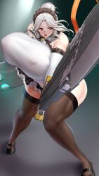 Rule 34 | 1girl, bare shoulders, black footwear, black skirt, black thighhighs, bouncing breasts, breasts, covered erect nipples, curvy, elbow gloves, female focus, fighting stance, floating hair, floor, full body, glasses, gloves, grey hair, heavy breathing, highres, holding, holding weapon, huge breasts, indoors, knees together feet apart, labiata (last origin), last origin, legs, looking to the side, maid, maid headdress, mature female, miniskirt, namamo (kura), no bra, open mouth, red eyes, skirt, solo, thick thighs, thighhighs, thighs, weapon, white gloves, wide hips