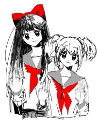 2girls :3 censored censored_gesture goguma_wagamja hair_ornament hair_scrunchie highres limited_palette long_hair multiple_girls pipimi poptepipic popuko school_uniform scrunchie serafuku shirt short_hair sidelocks simple_background sketch smile twintails two_side_up upper_body white_background