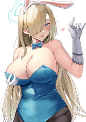 Rule 34 | 1girl, :p, absurdres, animal ears, asuna (blue archive), asuna (bunny) (blue archive), blue archive, blue bow, blue bowtie, blue eyes, bow, bowtie, breasts, cleavage, detached collar, elbow gloves, fake animal ears, gloves, hair over one eye, halo, highres, large breasts, leotard, light brown hair, long hair, looking at viewer, mole, mole on breast, namazu (yamasonson), official alternate costume, pantyhose, playboy bunny, rabbit ears, solo, tongue, tongue out, white background, white gloves