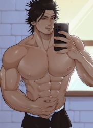 Rule 34 | 1boy, abs, bara, biceps, black clover, black eyes, black hair, bolloxxxz, brick wall, cellphone, corrupted twitter file, facial hair, highres, large pectorals, looking to the side, male focus, manly, mature male, muscular, muscular male, nipples, pants, pectorals, phone, selfie, short hair, solo, spiked hair, stubble, thick arms, topless male, wall, window, yami sukehiro
