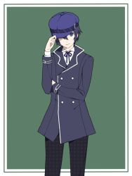 Rule 34 | 1girl, androgynous, atlus, bad id, bad pixiv id, blue eyes, blue hair, coat, female focus, hat, machiko, persona, persona 4, reverse trap, shirogane naoto, solo, trench coat