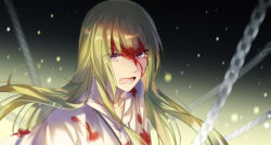 Rule 34 | 1boy, blood, blood on clothes, blood on face, blurry, blurry background, chain, enkidu (fate), fate/grand order, fate/strange fake, fate (series), floating hair, gradient background, green hair, kingu (fate), long hair, looking at viewer, open mouth, purple eyes, sparkle background, toruglose, tsurime, upper body