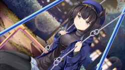 Rule 34 | 1girl, black hair, black shirt, blue coat, blue headwear, blurry, blurry background, blush, breasts, casual, city lights, cityscape, closed mouth, clothes writing, coat, dutch angle, grey shorts, hachimaki, hair flaps, hairband, hat, hatsuzuki (kancolle), headband, kantai collection, long sleeves, looking at viewer, night, open clothes, open coat, outdoors, pantyhose, shirt, short hair, short shorts, shorts, solo, swing set, turtleneck, yasume yukito, yellow eyes