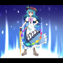 Rule 34 | 1girl, blue hair, efe, female focus, food, fruit, full body, gradient background, hat, hinanawi tenshi, letterboxed, long hair, peach, red eyes, solo, standing, sword, sword of hisou, touhou, weapon