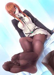 Rule 34 | 1girl, arms at sides, bed, bed sheet, black panties, black ribbon, blue eyes, blunt bangs, blush, boots, unworn boots, breasts, brown hair, brown pantyhose, closed mouth, collared shirt, commentary request, crossed legs, crotch seam, eyepatch, fate/grand order, fate (series), feet, foot focus, full body, hair over one eye, highres, hip focus, indoors, legs, legs together, long hair, long sleeves, looking at viewer, medium breasts, neck ribbon, no shoes, on bed, ophelia phamrsolone, panties, panties under pantyhose, pantyhose, pantyshot, ribbon, ruton-niki, shirt, shrug (clothing), sidelocks, sitting, skirt, sleeves past fingers, sleeves past wrists, soles, solo, straight hair, thighband pantyhose, toes, underwear, upskirt, white panties, white shirt, white skirt, wing collar