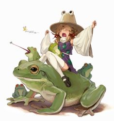 Rule 34 | 1girl, absurdres, animal print, artist name, black footwear, blonde hair, blush, bug, clenched hands, dated, detached sleeves, closed eyes, fang, freng, frog, frog print, hair between eyes, hat, highres, long sleeves, moriya suwako, open mouth, outstretched arm, purple skirt, revision, shoes, signature, sitting, skirt, skirt set, solo, thighhighs, tongue, tongue out, touhou, white background, white thighhighs, yawning
