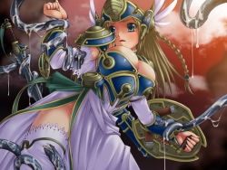 Rule 34 | 1girl, :o, armor, armored dress, bdsm, blonde hair, blue eyes, blush, bound, braid, breasts, bridal gauntlets, bursting breasts, cleavage, cloud, dress, dutch angle, elbow gloves, fantasy, gloves, head wings, helmet, imminent rape, large breasts, long hair, open mouth, outdoors, outstretched arms, rape, restrained, ribbon, shield, silmeria, silmeria valkyrie, sky, slime (substance), solo, spread arms, sword, team-tanabe, tentacles, thighhighs, valkyrie, valkyrie profile (series), weapon, white thighhighs, wings, yamaimo torotoro, zettai ryouiki