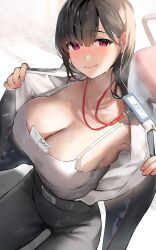 Rule 34 | 1girl, armpits, black hair, black jacket, black pants, blush, breasts, camisole, chair, cleavage, closed mouth, commentary, cowboy shot, envelope, from above, highres, inushima, jacket, lanyard, large breasts, long hair, looking at viewer, name tag, office chair, office lady, open clothes, open jacket, open shirt, original, pants, red eyes, shirt, shirt tucked in, sitting, smile, solo, straight hair, sweat, swivel chair, white camisole, white shirt