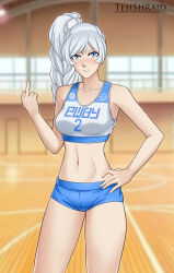 Rule 34 | 1girl, absurdres, alternate costume, angry, artist name, bare shoulders, blue buruma, blue eyes, blurry, blurry background, blush, braid, braided ponytail, breasts, buruma, clenched teeth, collarbone, copyright name, gym, gym uniform, hand on own hip, hand up, high side ponytail, highres, indoors, jersey, long hair, looking at viewer, medium breasts, middle finger, midriff, navel, number print, rwby, scar, scar across eye, scar on face, small breasts, snowflake print, solo, sports bra, stomach, teeth, tehshraid, thighs, v-shaped eyebrows, weiss schnee, white hair