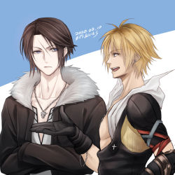 Rule 34 | 2boys, armor, black gloves, black jacket, black overalls, blonde hair, blue background, blue eyes, brown hair, chain necklace, crossed arms, dated, earrings, final fantasy, final fantasy viii, final fantasy x, fur collar, gloves, hiryuu (kana h), hood, hood down, jacket, jewelry, looking at another, male focus, multiple boys, necklace, open mouth, overalls, parted bangs, scar, scar on face, shirt, short hair, shoulder armor, single earring, squall leonhart, teeth, tidus, two-tone background, upper body, upper teeth only, white background, white hood, white shirt