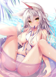 Rule 34 | 1girl, animal ear fluff, animal ears, areola slip, ass, bare legs, beach, bikini, blurry, blush, breasts, cameltoe, collarbone, covering breasts, covering privates, day, depth of field, fox ears, fox girl, fox tail, hair between eyes, hair censor, highres, innertube, large breasts, leaf, legs up, long hair, looking at viewer, mouth hold, navel, original, outdoors, silver hair, smile, solo, swim ring, swimsuit, tail, tateha (marvelous grace), thighs, unworn bikini top, very long hair, water, wet, white bikini, yellow eyes