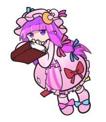 Rule 34 | 1girl, blue bow, book, bow, crescent, crescent hat ornament, dress, footwear bow, full body, hat, hat ornament, long hair, long sleeves, mob cap, parody, patchouli knowledge, pink bow, pink dress, pink footwear, pink hat, puyopuyo, red bow, shinmon akika, sidelocks, solo, striped clothes, striped dress, style parody, touhou, vertical-striped clothes, vertical-striped dress