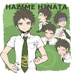 Rule 34 | 1boy, ahoge, angry, blush, border, breast pocket, brown hair, character name, closed eyes, closed mouth, collared shirt, commentary request, danganronpa (series), danganronpa 2: goodbye despair, green background, green eyes, green neckwear, haizai, hand on own hip, highres, hinata hajime, looking at viewer, male focus, multiple views, necktie, open mouth, pocket, profile, shaded face, shirt, short hair, smile, sweat, upper body, white border, white shirt