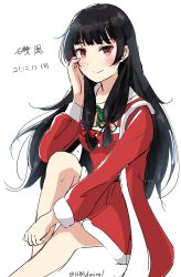 Rule 34 | 168admiral (sunflower), 1girl, alternate costume, black hair, character name, coat, dated, dress, fur-trimmed dress, fur trim, hair ribbon, highres, invisible chair, isokaze (kancolle), kantai collection, long hair, looking at viewer, one-hour drawing challenge, red coat, red dress, red eyes, ribbon, simple background, sitting, solo, tress ribbon, white background