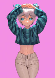 Rule 34 | 1girl, absurdres, aduo, arms up, blue eyes, blue shirt, commentary request, crop top, double bun, grey hair, grey pants, hair between eyes, hair bun, highres, looking to the side, midriff, navel, original, pants, pink background, shirt, sidelocks, simple background, solo, stomach, striped clothes, striped shirt, thick eyebrows, vertical-striped clothes, vertical-striped shirt