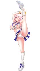 Rule 34 | 1girl, blush, breasts, cameltoe, cheerleader, cleavage, full body, groin, headphones, highres, large breasts, leg up, legs, long hair, looking at viewer, midriff, navel, nipples, nitroplus, one eye closed, open mouth, pink hair, pussy, red eyes, see-through, shoes, skirt, sneakers, solo, super sonico, thighs, transparent background, upskirt, v-mag
